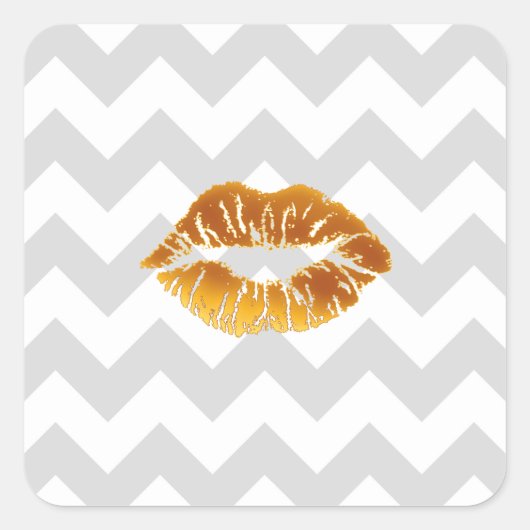 Lt Gray White Chevron, Gold Lipstick Kiss Vierkante Sticker (Voorkant)
