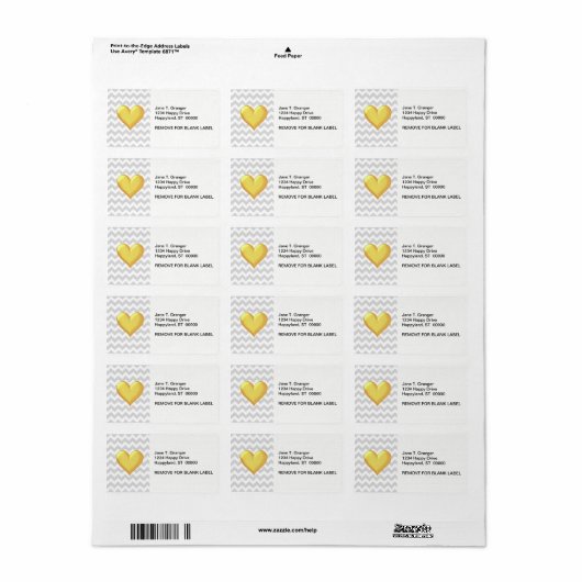 Lt Gray White Chevron Golden Yellow Shaded Heart Etiket (Full Sheet)