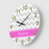 Lt Gray White Chevron Hot Pink Name Monogram Grote Klok (Hoek)