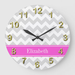 Lt Gray White Chevron Hot Pink Name Monogram Grote Klok