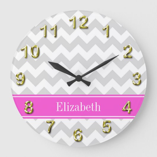 Lt Gray White Chevron Hot Pink Name Monogram Grote Klok (Voorkant)