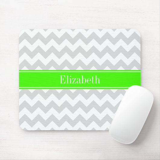 Lt Gray White Chevron Lime Green Name Monogram Muismat (Met muis)