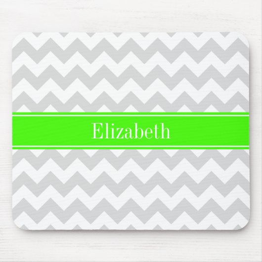 Lt Gray White Chevron Lime Green Name Monogram Muismat (Voorkant)
