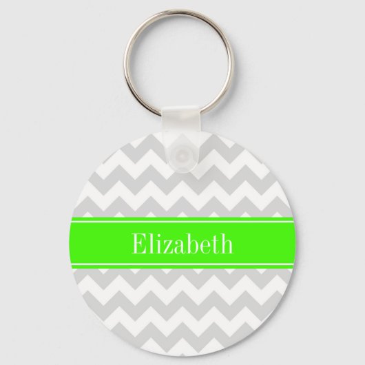 Lt Gray White Chevron Lime Green Name Monogram Sleutelhanger (Voorkant)
