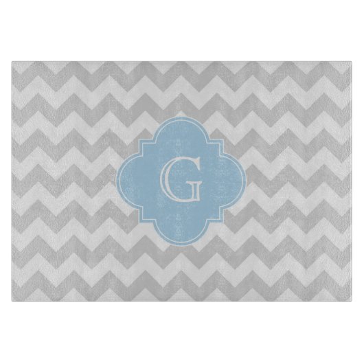 Lt Gray White Chevron Lt Blue Quatrefoil Monogram Snijplank (Voorkant)