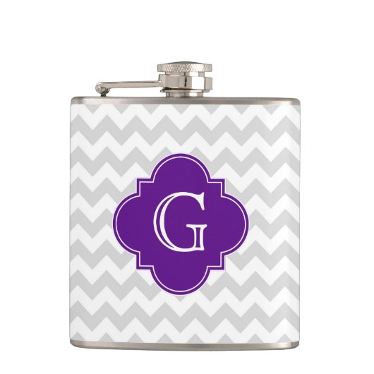 Lt Gray White Chevron Paars Quatrefoil Monogram Heupfles (Voorkant)