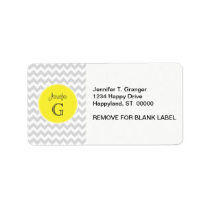 Lt Gray White Chevron Round Yellow Name Monogram B Etiket