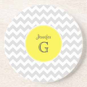 Lt Gray White Chevron Round Yellow Name Monogram B Zandsteen Onderzetter