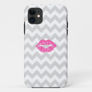 Lt Gray White Chevron, Roze lipstick Kiss Case-Mate iPhone Case