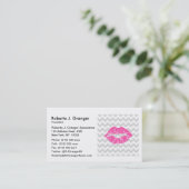 Lt Gray White Chevron, Roze lipstick Kiss Visitekaartje (Staand voorkant)