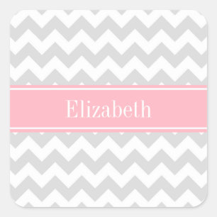 Lt Gray White Chevron Zigzag Pink Naam Monogram Vierkante Sticker