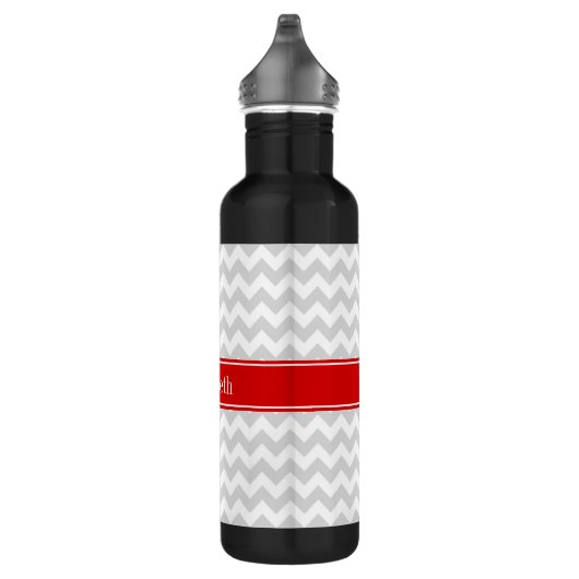 Lt Gray White Chevron Zigzag Red Name Monogram Waterfles (Rechts)