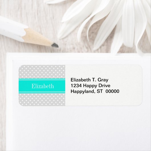 Lt Gray White Polka Dots Brt Aqua Ribbon Monogram Etiket (Insitu)