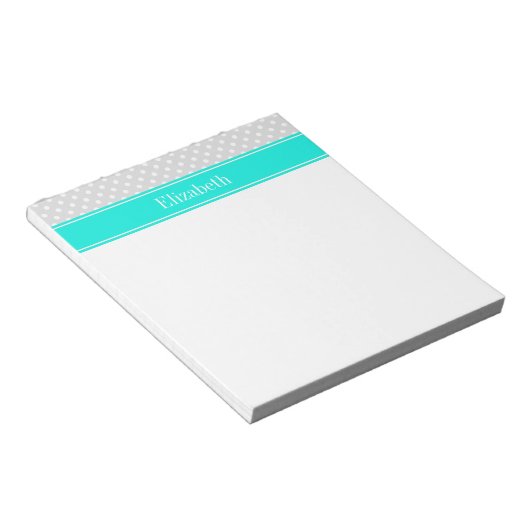 Lt Gray White Polka Dots Brt Aqua Ribbon Monogram Notitieblok (Schuin)
