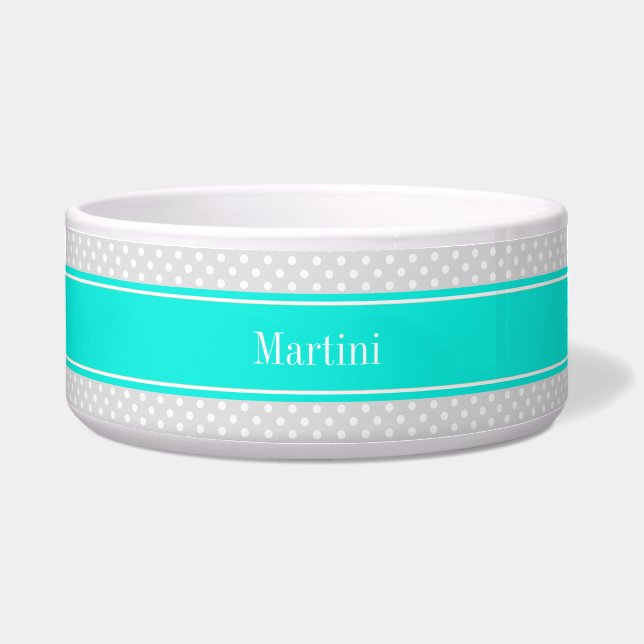 Lt Gray White Polka Dots Brt Aqua Ribbon Monogram Voerbakje (Voorkant)