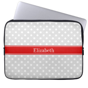 Lt Gray White Polka Dots Red Name Monogram Laptop Sleeve