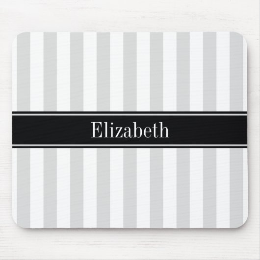 Lt Gray White Stripe Black Name Monogram Muismat (Voorkant)