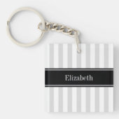Lt Gray White Stripe Black Name Monogram Sleutelhanger (voorkant)
