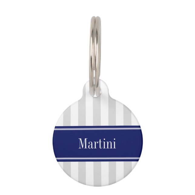 Lt Gray White Stripe Navy Blue Name Monogram Huisdierpenning (Voorkant)
