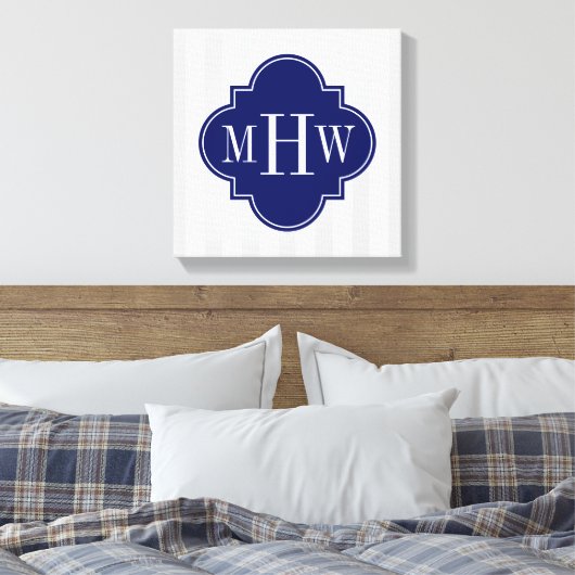 Lt Gray White Stripe Navy Quatrefoil 3 Monogram Canvas Afdruk (Insitu (Slaapkamer))