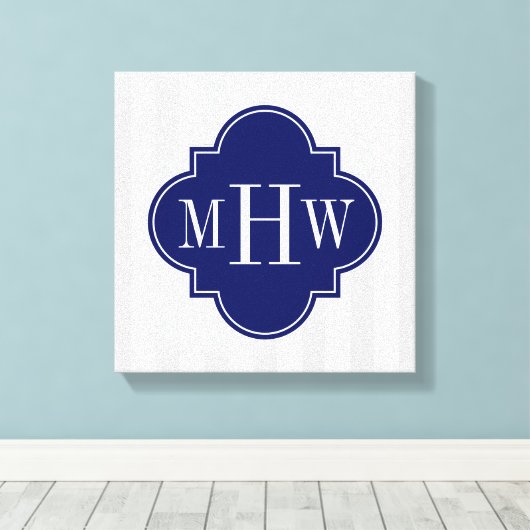 Lt Gray White Stripe Navy Quatrefoil 3 Monogram Canvas Afdruk (Insitu (Houten vloer))