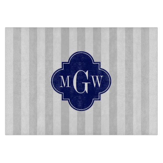 Lt Gray White Stripe Navy Quatrefoil 3 Monogram Snijplank (Voorkant)