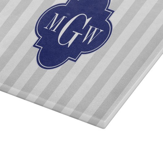 Lt Gray White Stripe Navy Quatrefoil 3 Monogram Snijplank (Hoek)