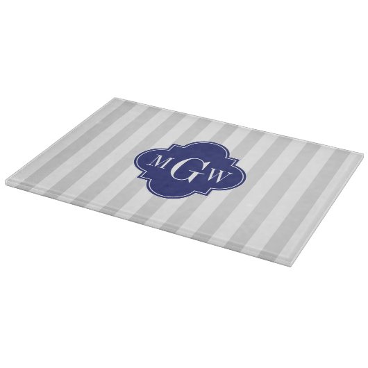 Lt Gray White Stripe Navy Quatrefoil 3 Monogram Snijplank (Hoek)