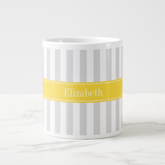 Lt Gray White Stripe Pineappel Name Monogram Grote Koffiekop (Voorkant)