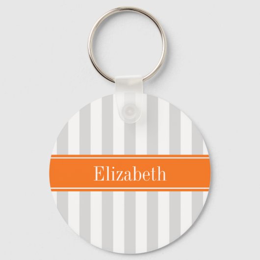 Lt Gray White Stripe Pumpkin Oranje Name Monogram Sleutelhanger (Voorkant)