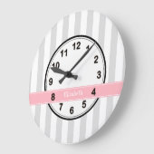 Lt Gray White Stripe Roze Naam Monogram Grote Klok (Hoek)