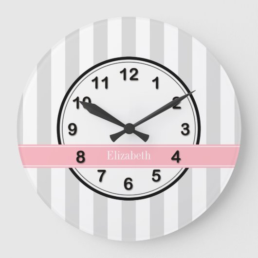 Lt Gray White Stripe Roze Naam Monogram Grote Klok (Voorkant)