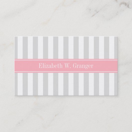 Lt Gray White Stripe Roze Naam Monogram Visitekaartje (Voorkant)
