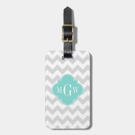 Lt Gray Wht Chevron Aqua Quatrefoil 3 Monogram Bagagelabel (Voorkant verticaal)