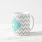 Lt Gray Wht Chevron Aqua Quatrefoil 3 Monogram Koffiemok (Voorkant rechts)