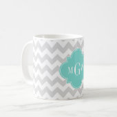 Lt Gray Wht Chevron Aqua Quatrefoil 3 Monogram Koffiemok (Voorkant links)