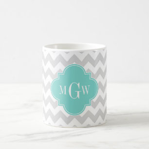 Lt Gray Wht Chevron Aqua Quatrefoil 3 Monogram Koffiemok