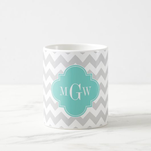 Lt Gray Wht Chevron Aqua Quatrefoil 3 Monogram Koffiemok (Center)