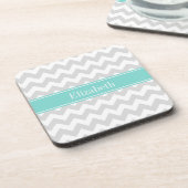 Lt Gray Wht Chevron Aqua Turquoise Naam Monogram Bier Onderzetter (Linkerzijde)