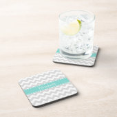 Lt Gray Wht Chevron Aqua Turquoise Naam Monogram Bier Onderzetter (Rechterzijde)