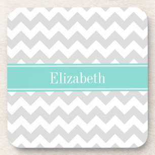 Lt Gray Wht Chevron Aqua Turquoise Naam Monogram Bier Onderzetter