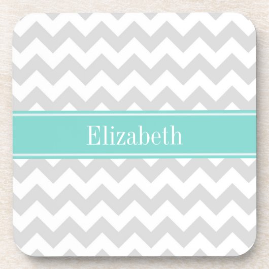 Lt Gray Wht Chevron Aqua Turquoise Naam Monogram Bier Onderzetter (Voorkant)