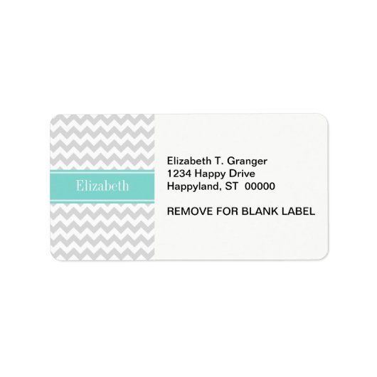 Lt Gray Wht Chevron Aqua Turquoise Naam Monogram Etiket (Voorkant)