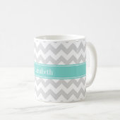 Lt Gray Wht Chevron Aqua Turquoise Naam Monogram Koffiemok (Voorkant rechts)