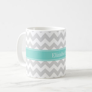 Lt Gray Wht Chevron Aqua Turquoise Naam Monogram Koffiemok