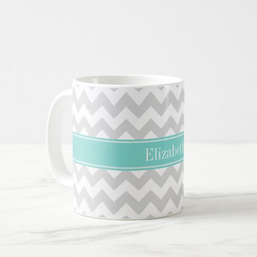 Lt Gray Wht Chevron Aqua Turquoise Naam Monogram Koffiemok (Voorkant links)