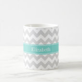 Lt Gray Wht Chevron Aqua Turquoise Naam Monogram Koffiemok (Center)
