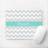 Lt Gray Wht Chevron Aqua Turquoise Naam Monogram Muismat (Met muis)