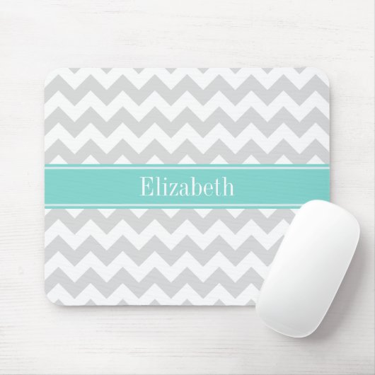 Lt Gray Wht Chevron Aqua Turquoise Naam Monogram Muismat (Met muis)