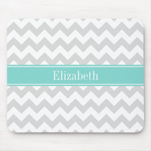 Lt Gray Wht Chevron Aqua Turquoise Naam Monogram Muismat (Voorkant)